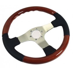 Volant bois mahogany-chrome et cuir noir